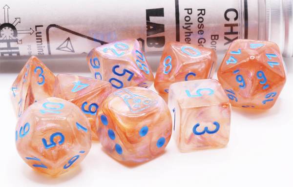 Chessex 30045 Rose Gold/Light Blue Lab Dice 7 Piece Polyhedral Set image 0